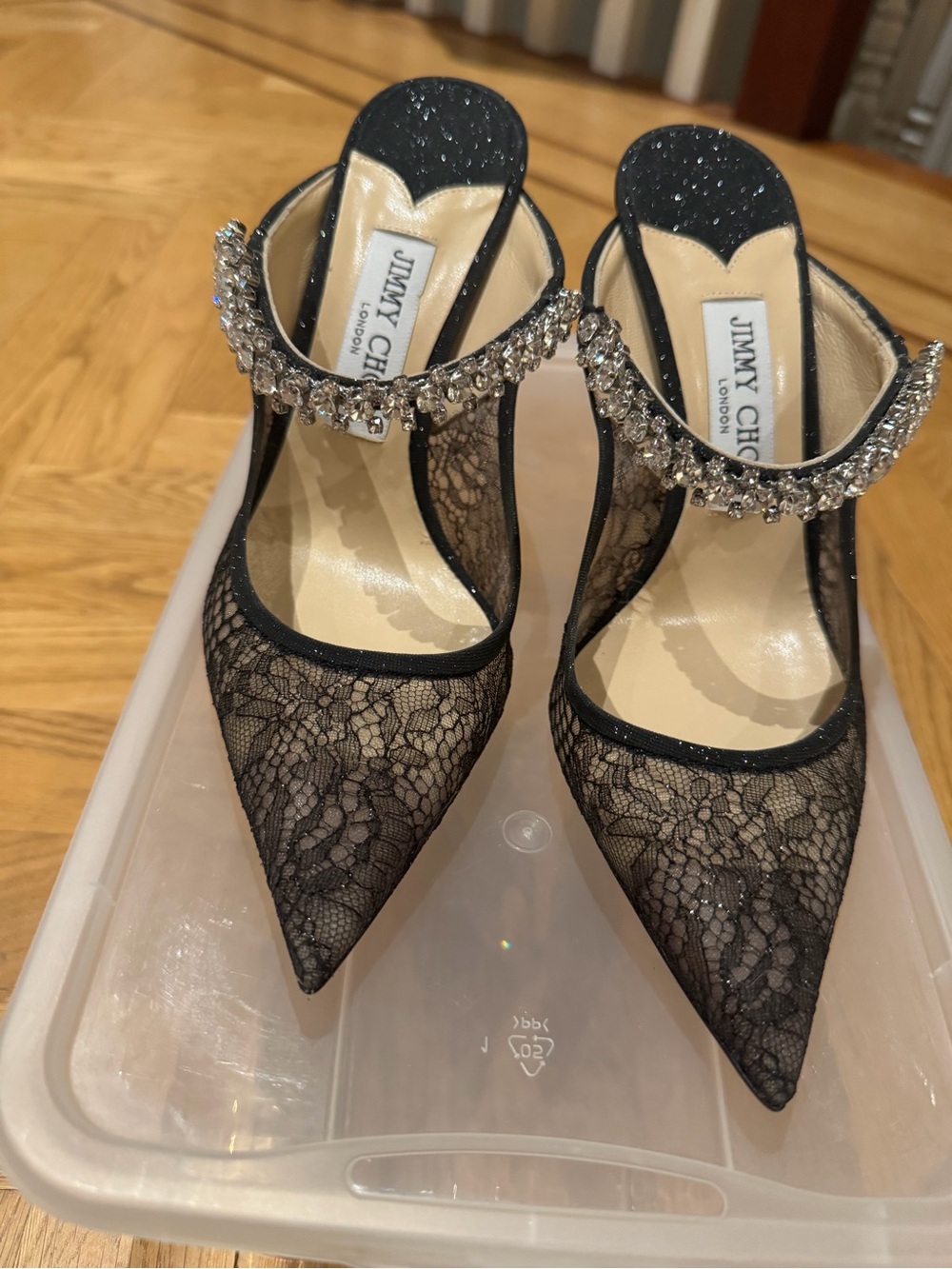 Jimmy Choo Bing 65 Black Lace Heels with Glitter Strap, Size 8, Never Worn - Picture 3 of 6